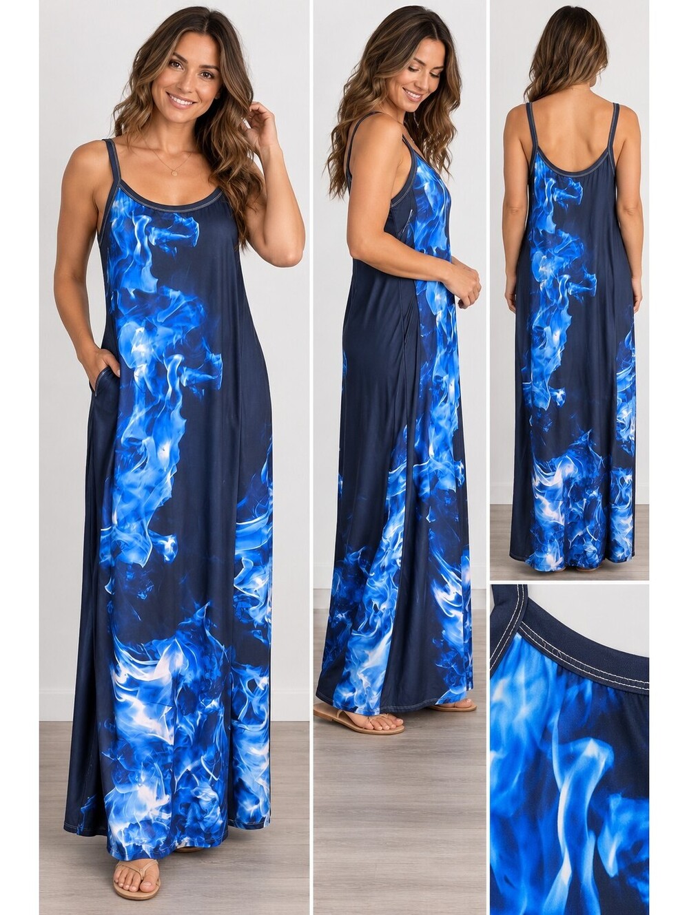 Blue Flame Print Maxi Top — Bold Ocean Hues